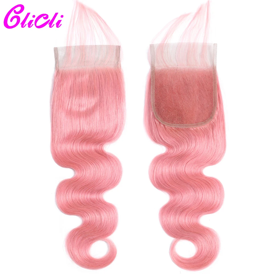 Бразильские волосы, волнистые пряди с закрытием объемная волна предварительно Цветной розовый 3 пряди с 4x4 кружева закрытие волосы для наращивания без повреждения кутикулы