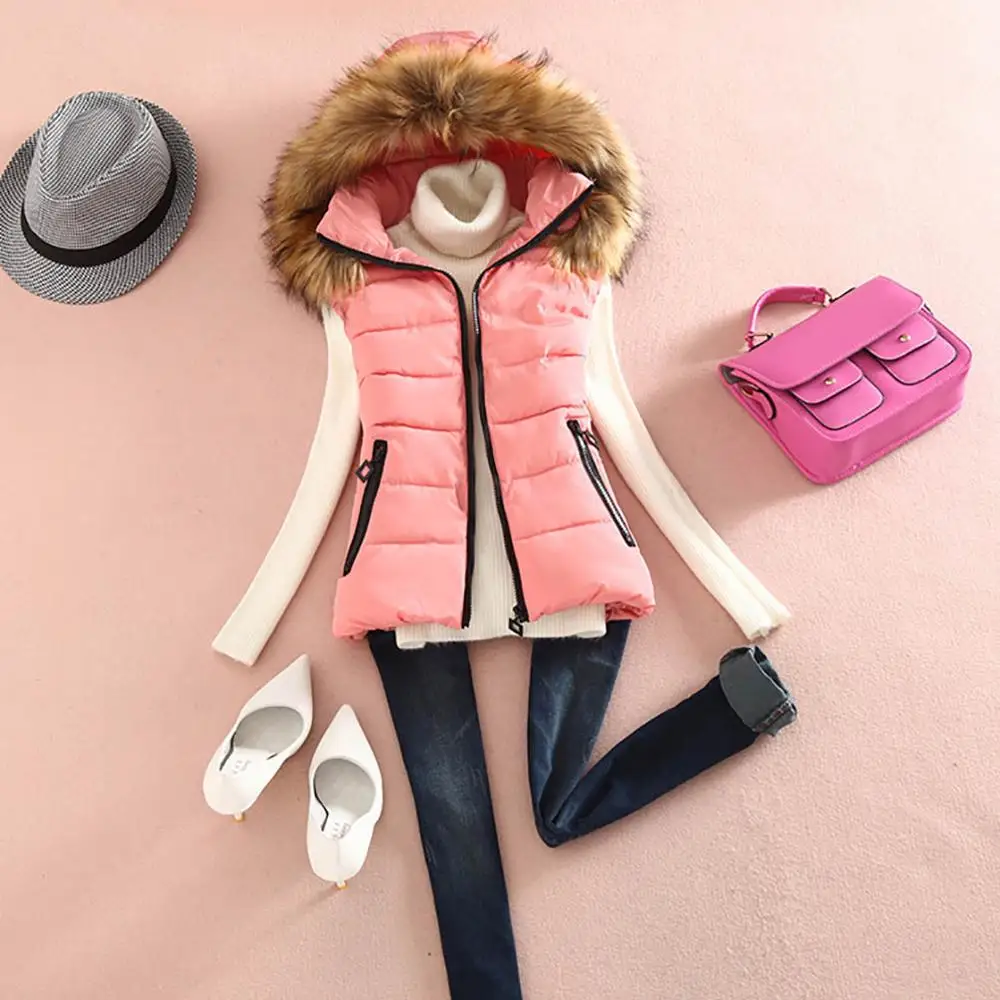 Бренд Tengo, женский жилет, жилет с капюшоном, повседневный тонкий пуховик, хлопковый жилет, женское меховое пальто, женская зимняя куртка - Цвет: Pink