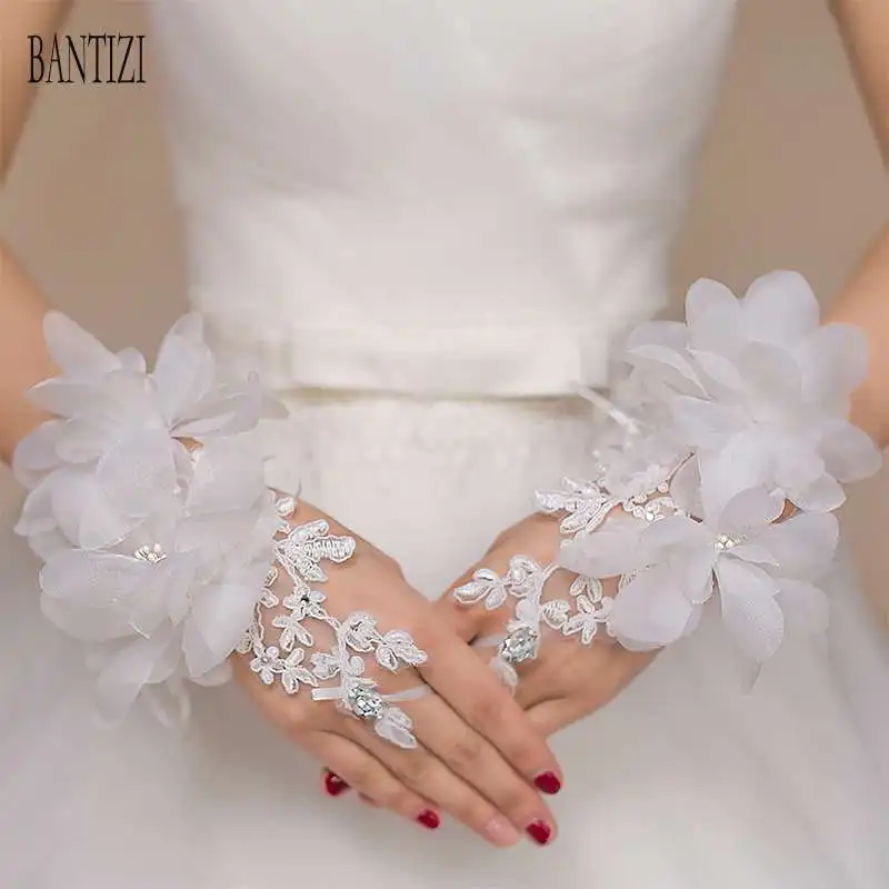BANTIZI перчатки без пальцев свадебный белый Красный Кружева из бисера большой цветок свадебные перчатки дешевые Для женщин свадебные