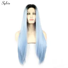 Sylvia натуральные волосы шелковистые прямые волосы ручной работы синтетический парик фронта шнурка Небесно-Голубой Омбре термостойкие волосы вечерние для женщин