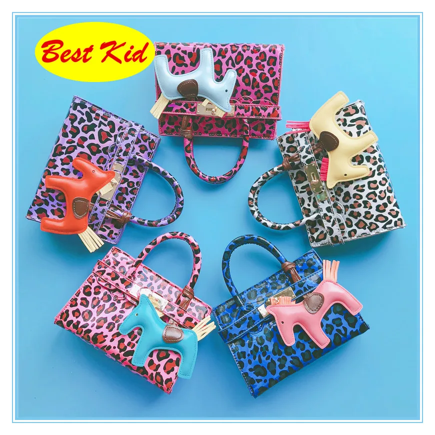 

BestKid Bags! Children Small Handbags With Horse Kids Small Messenger bags Toddlers Leopard Totes for Shopping Kid Wallet SMT084
