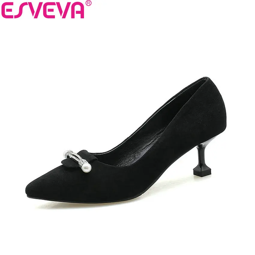

ESVEVA 2018 Women Pumps Shoes Sweet Style Crystal Out Door Kid Suede PU Pointed Toe Thin High Heel Ladies Pumps Shoes Size 34-43