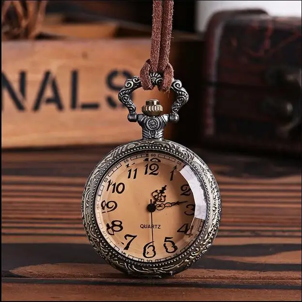 

New bronze antique Fashion quartz Flip glass it's light brown Leather cord woman gift pocket watches