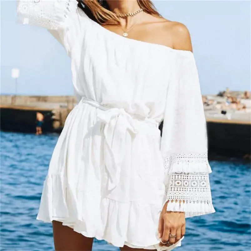 Fashion Womens Sexy Off Shoulder White summer dress Splicing Cotton and linen Lace Party Mini Dress beach dresses vestidos L09 (5)