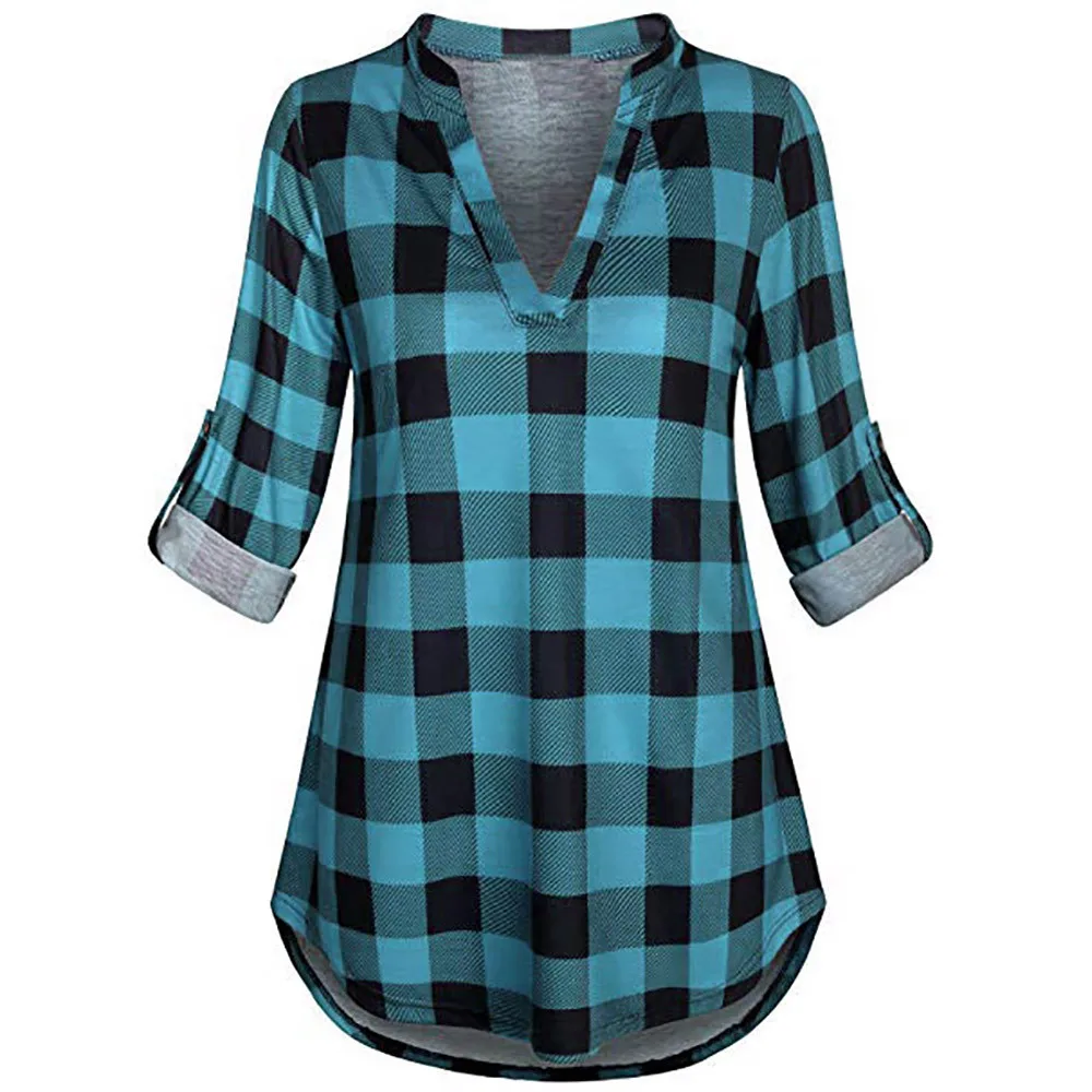 Plaid Shirt Ladies Tops Women's Split V Neck Long Sleve Casual Roll-up Plaid Tunic Blouses Tops  Blusas Mujer De Moda 2019
