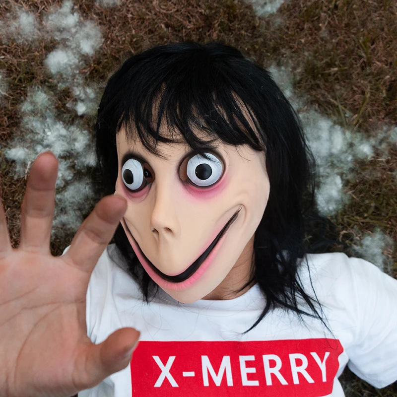 

2019 Hot Scary Momo Mask Hacking Game Horror Latex Mask Full Head Momo Mask Big Eye With Long Wigs