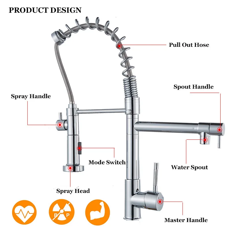 ULGKSD Весна pull вниз Кухня Раковина кран двойной ручкой W/переключатель ручной спрей двойной Носик Torneira Para Cozinha