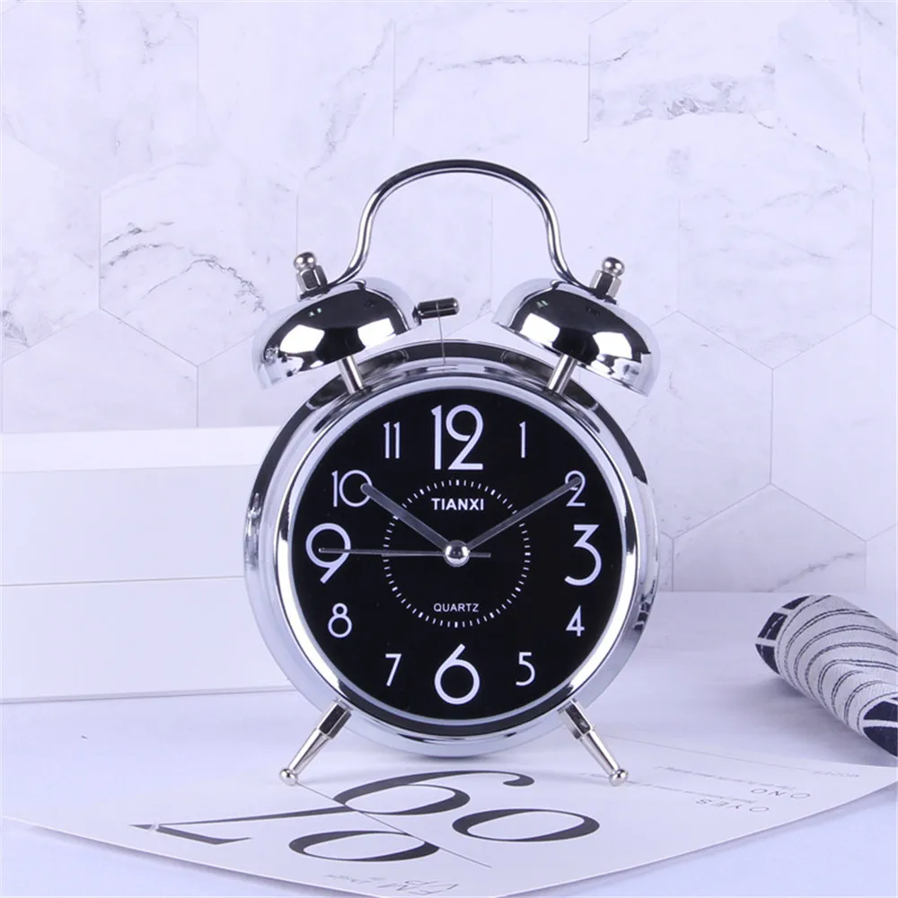

4 inch Sleek Silver Metal Alarm Clock Night Light Function Round Table Clocks Student Bedside Morning Gets up Bell