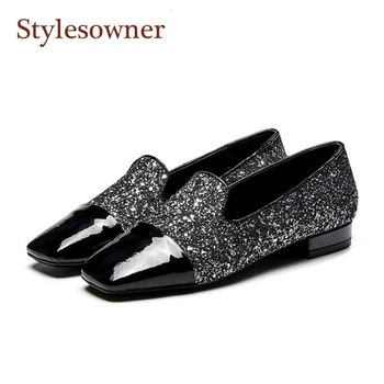 

Stylesowner Fashion Brand Shoes Squared Shiny Leather Toe Women Bling Bling Sequins Slip On Loafers Shoe Women 2020 Dress Shoe