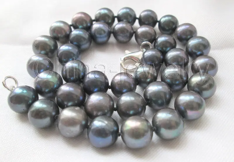 

HOT## Wholesale > AA 17.5" 12mm natural black round freshwater pearl necklace - 925 silver clasp