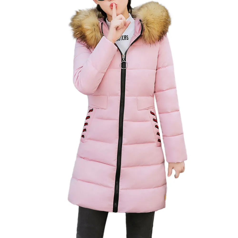 Зимние женские куртки, женское длинное теплое зимнее пальто с искусственным мехом и капюшоном, Толстая теплая тонкая куртка, длинное пальто - Цвет: Розовый