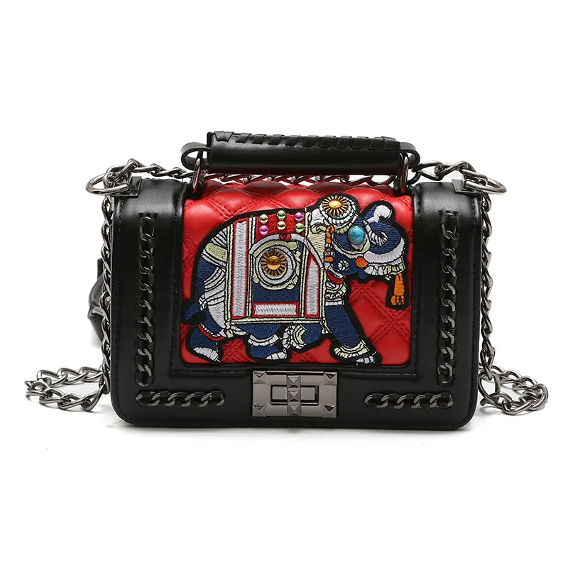 

2018 Fashion Designer Lady New Small Handbag Elephant Embroidery Quilted Messenger Bag Brands Pu Leather Knit Chain Shoulder Bag