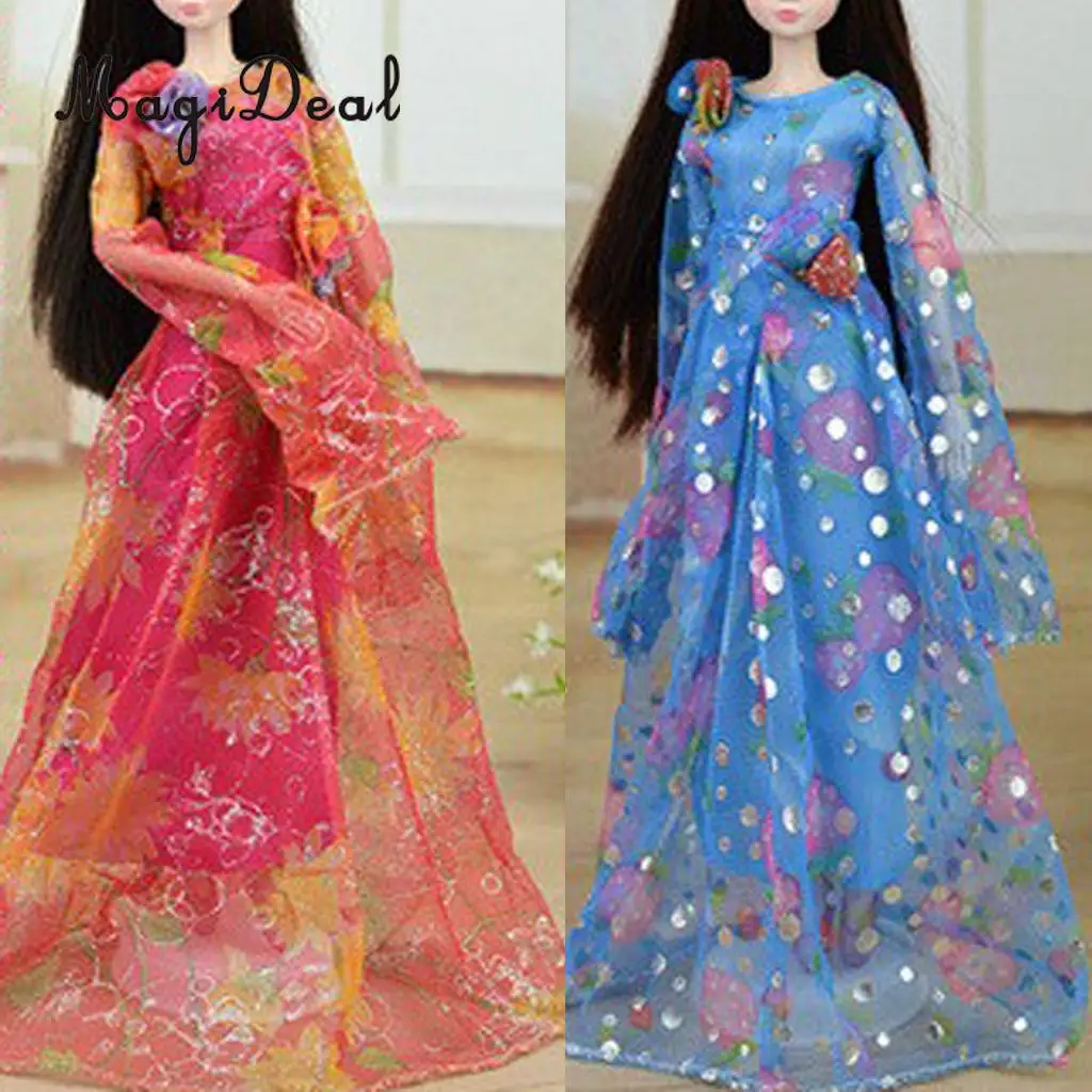 12 inch Doll Dresses Elegant Lady Long Sleeves Dancing Dress Sequined  Evening Dress Clothes for Blythe Doll Accessories Purple
