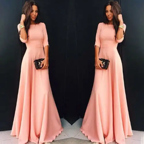

Round Neck Solid Evening Party Summer Spring Beach Sundress Women Floral Half Sleeve Maxi Dresses