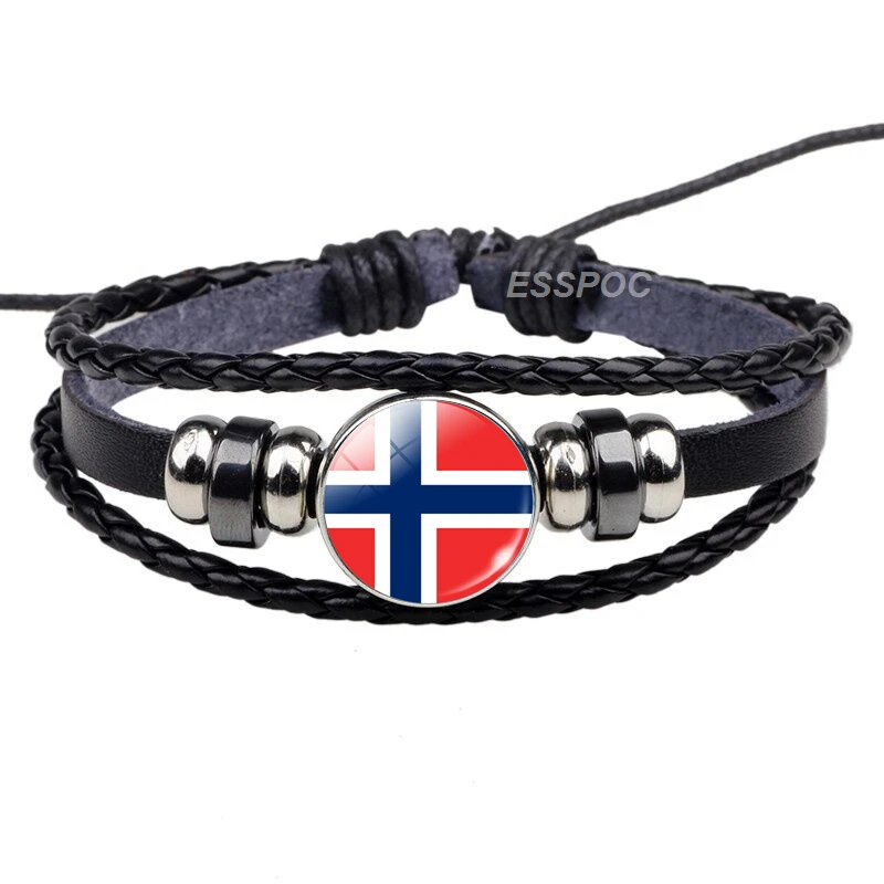 Северная Европа: Дания, Швеция, Финляндия, Норвегия, флаг Исландии, черный браслет со стеклянным куполом, ювелирные изделия, кожаная кнопка, мужские подарочные браслеты