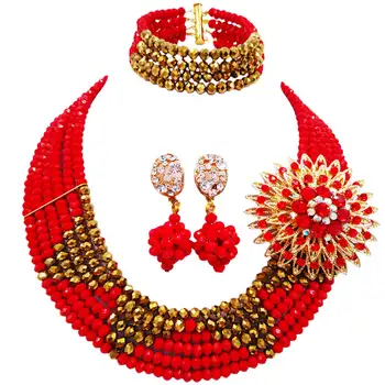 

Opaque Red Golden Brown African Beads Jewelry Set Crystal Nigerian Wedding Party Costume Jewelry Sets 6SJ10