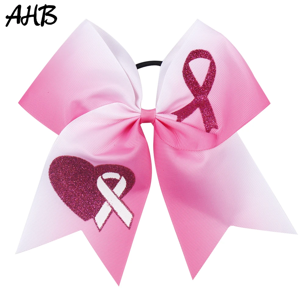 AHB 7 ''كبيرة فيونكات شعر سرطان الثدي الوعي فيونكة للزينة مع مرونة الشعر شريط مطاطي الشعر حبل المشجع الفتيات أغطية الرأس