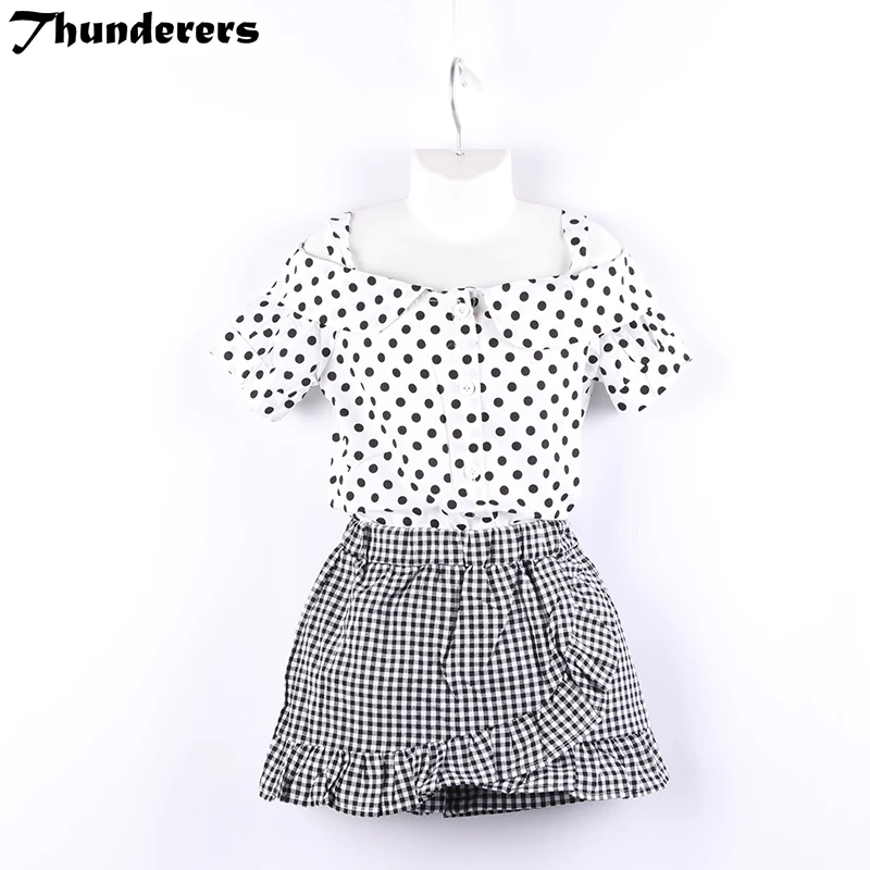 

Baby Girls Clothes Sets Fashion Polka Dot Off Shoulder Sling Tshirt And Plaid Skirt Kids Set Casual 2018 Girl's Clothing Suit