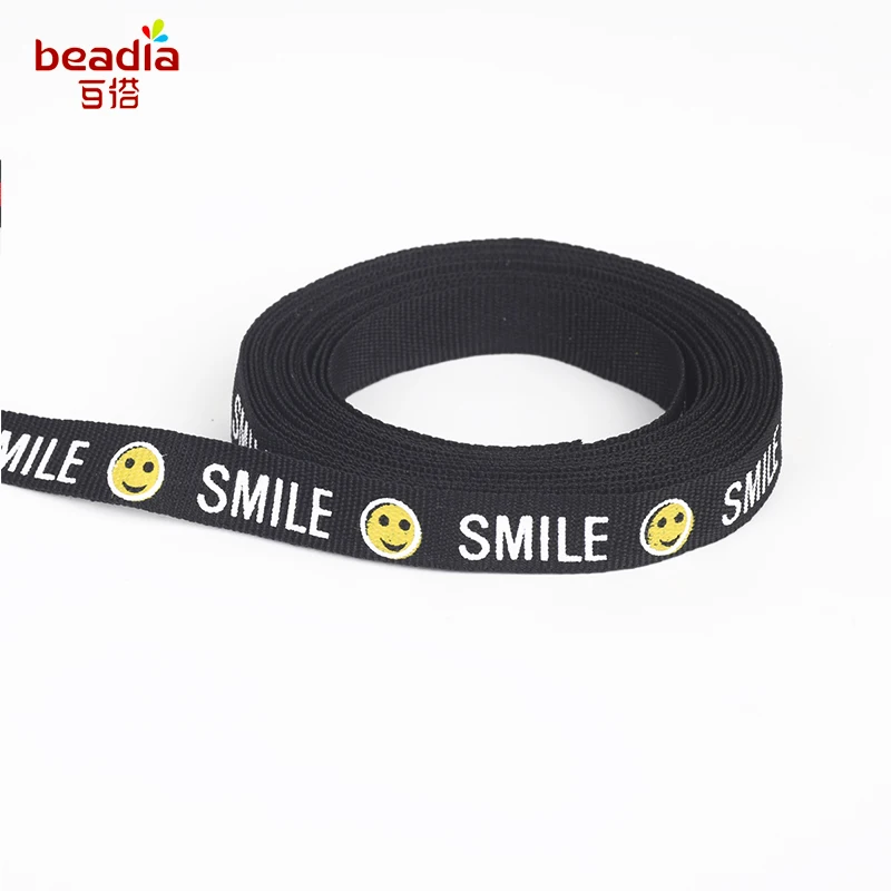 Printing Ribbon 10mm Black Color With Smile Face Expression 5yards Length Grosgrain for DIY Handmade Materials Wedding | Дом и сад