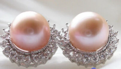 

Hot selling> free shipping 13377 AAA++ 12mm ROUND pink PEARL Mosaic Lotus EARRING SILVER -Bride jewelry free shipping