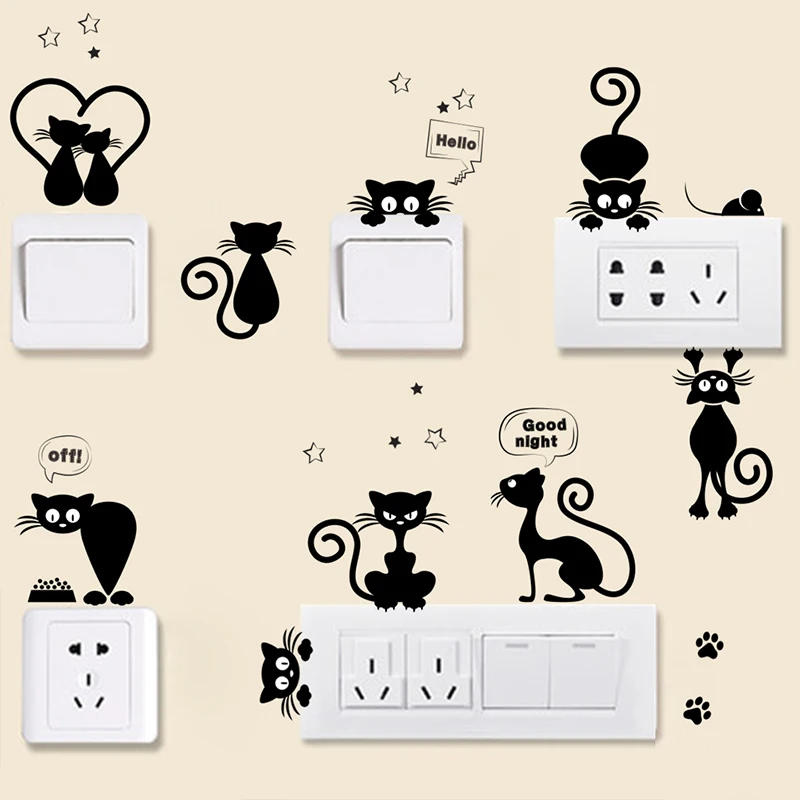 Cute Cats Light Switch Phone Wall Stickers For Kitchen Room DIY Home Decor Living Room Cartoon Anima