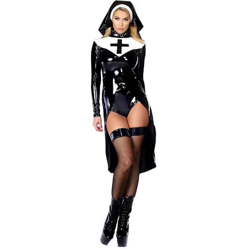 Хэллоуин косплей M, L, XL Модный черный женский сексуальный костюм монахини виниловый кожаный косплей костюм на Хэллоуин