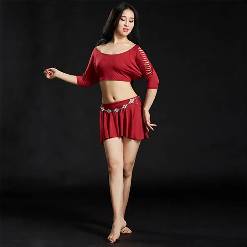 Сексуальная одежда для танца живота Женская одежда для танца наряды 2 шт топ и юбка модальный костюм для танца живота набор - Цвет: Wine red
