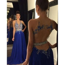 Neue Royal Blue Abendkleid Backless Abendkleid Eine Linie Chiffon-Kleid Strass Sweep Zug Formales Kleid-abend-partei