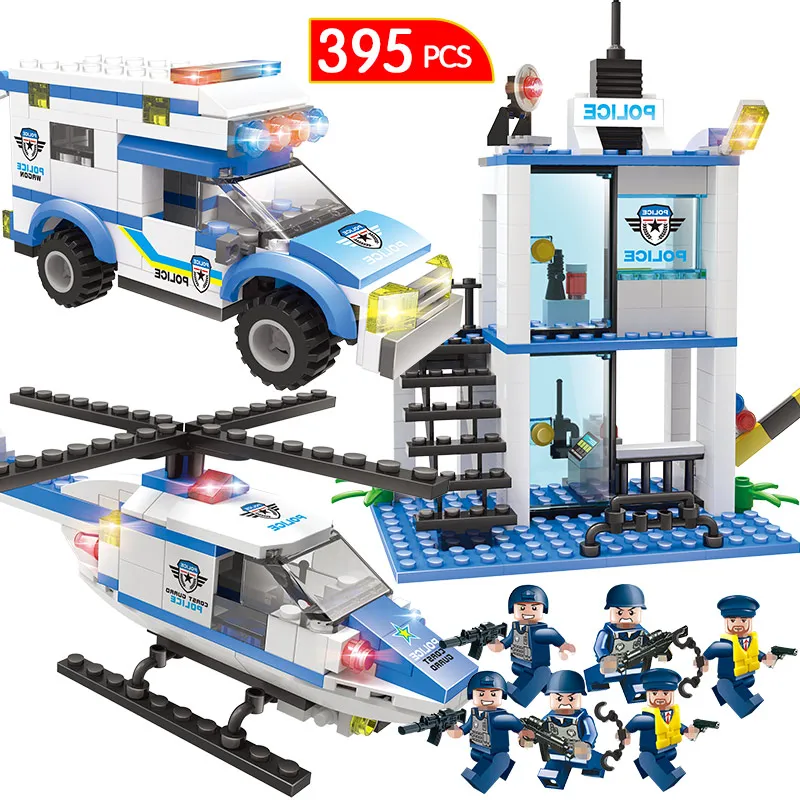 

395PCS Military Police Helicopter Car Model Building Blocks Compatible Legoingly City Swat Police Station Figures Kids Toys