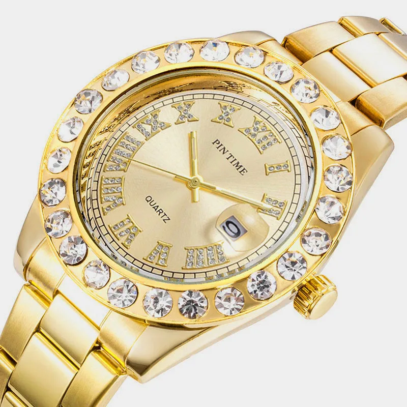 

Men Diament Gold Watches Luxury Brand Design Gold Diamond Watch for Men Quartz Watch Waterproof Men Wristwatch Clock Iced Out