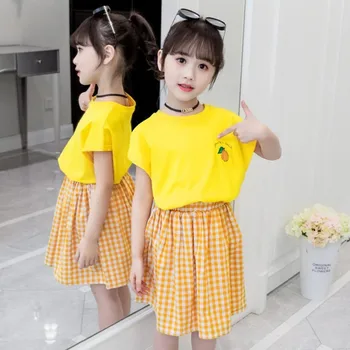 

2019 Summer Baby Girls Print Cartoon Sport Clothes Set T-shirt+Plaid Skirt 2pcs Suit School Princess Party Weeding Clothes Set