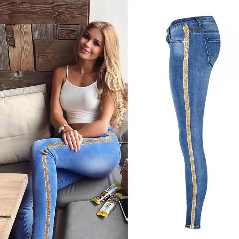 Women S Low Waist Jeans Gold Side Striped Elastic Jeans For Women