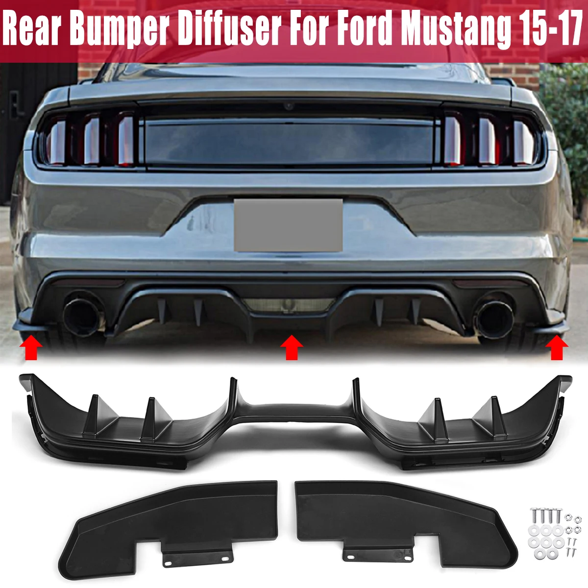 

3Pcs RT Style PP Rear Bumper Race Diffuser Lip Spoiler with Side Valance for Ford for Mustang 2015-2017 Apron Splitter