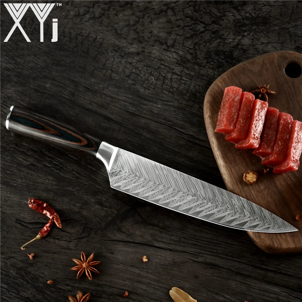 XYj Imitation Damascus Pattern Chef Knife 7Cr17 High Carbon Stainless Steel Kitchen Knives Ultra Sharp Blade Comfortable Handle