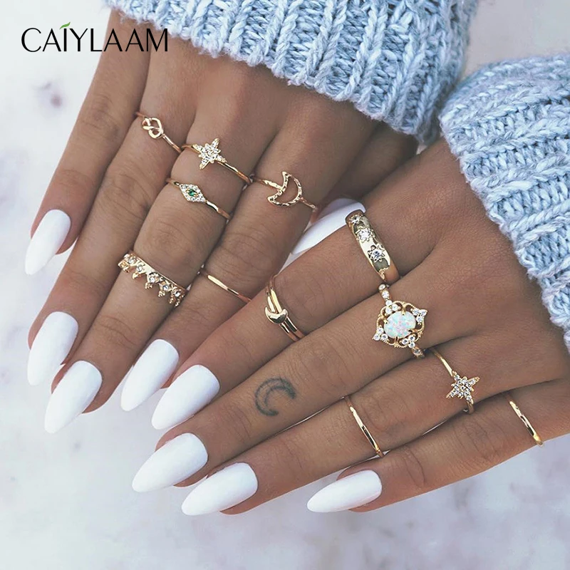 

CAIYLAAM 13 Pcs/set Vintage Opal Crown Star Moon Joint Ring Set Rhinestone Women Ring Jewelry Gift For Female Joint Ring Set