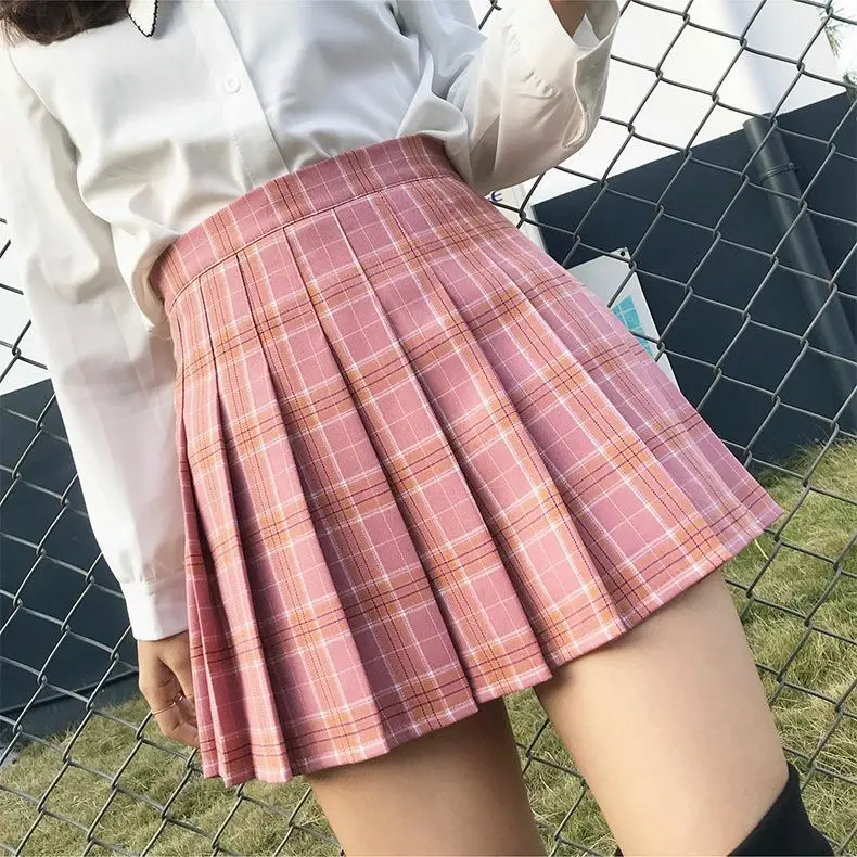 Harajuku Kawaii Готическая плиссированная мини юбка женская летняя корейская клетчатая юбка Ulzzang плиссированная школьная уличная Tumblr - Цвет: Розовый