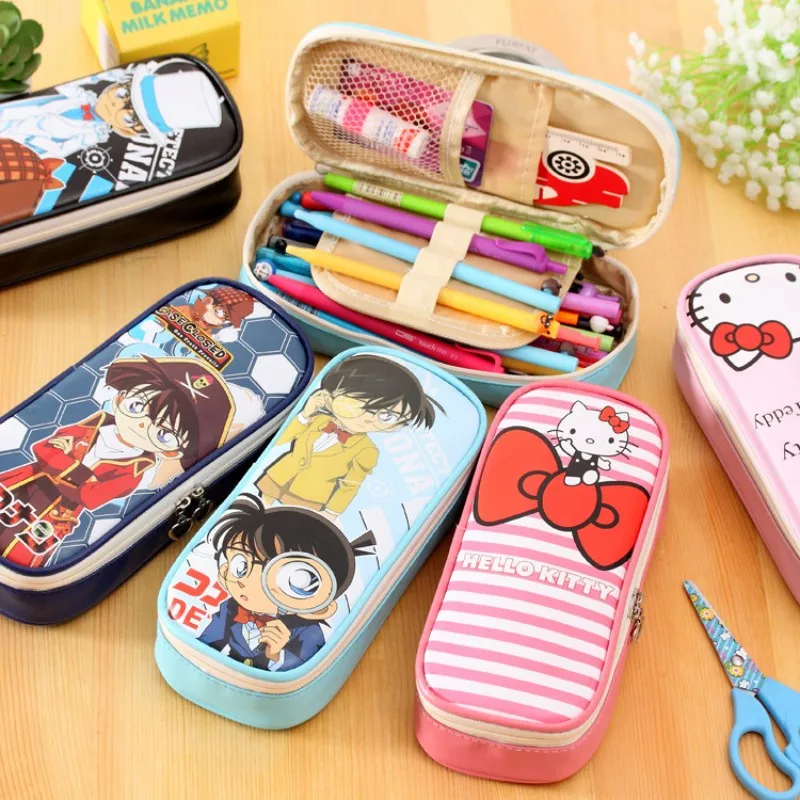 

Cartoon Conan pencil case Kawaii hello kitty pu leather big capacity pencil bags for kids pen pouch office school supplies