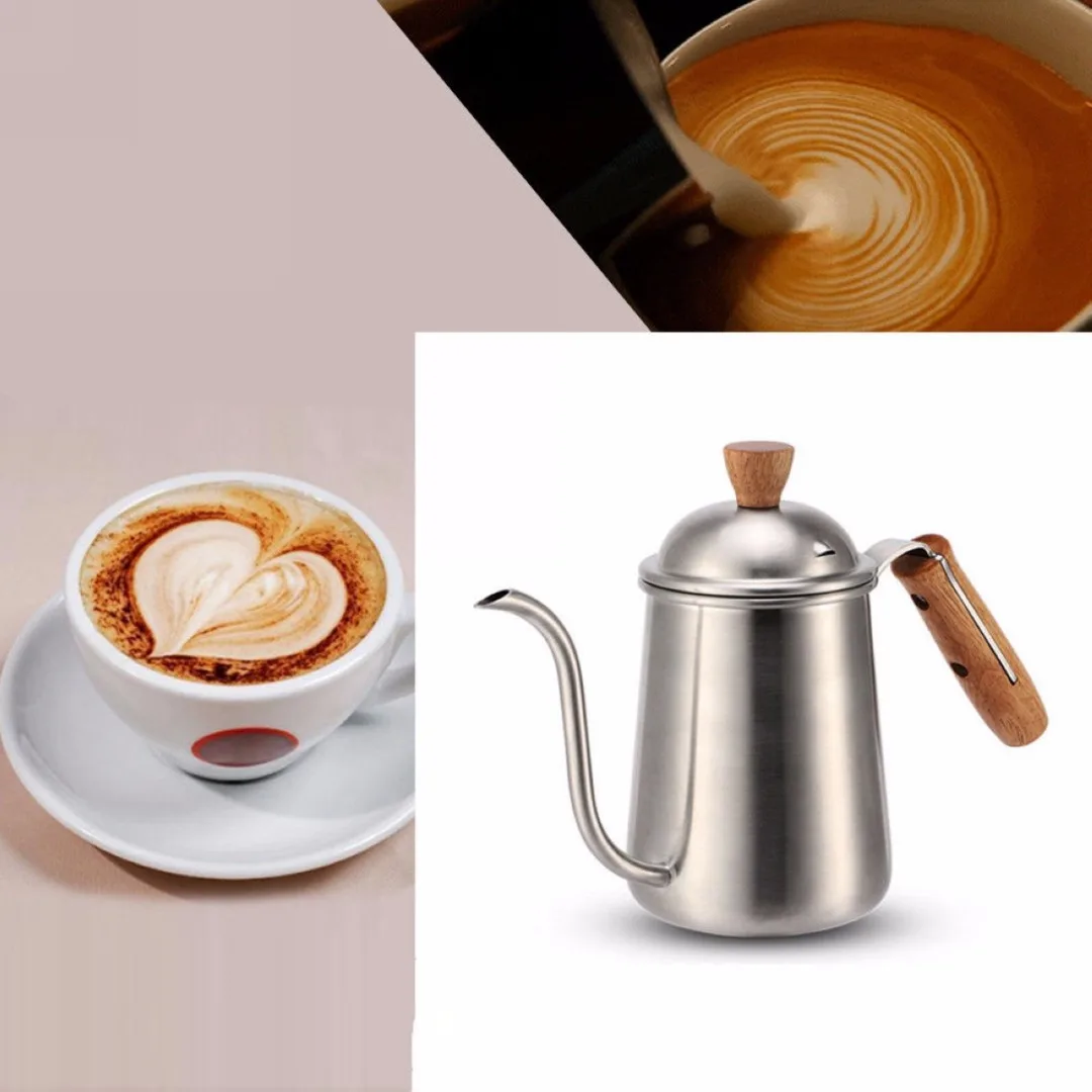 JX-LCLYL Stainless Steel 650ML Tea Kettle Drip Coffee Pot Pour Gooseneck Wood Handle
