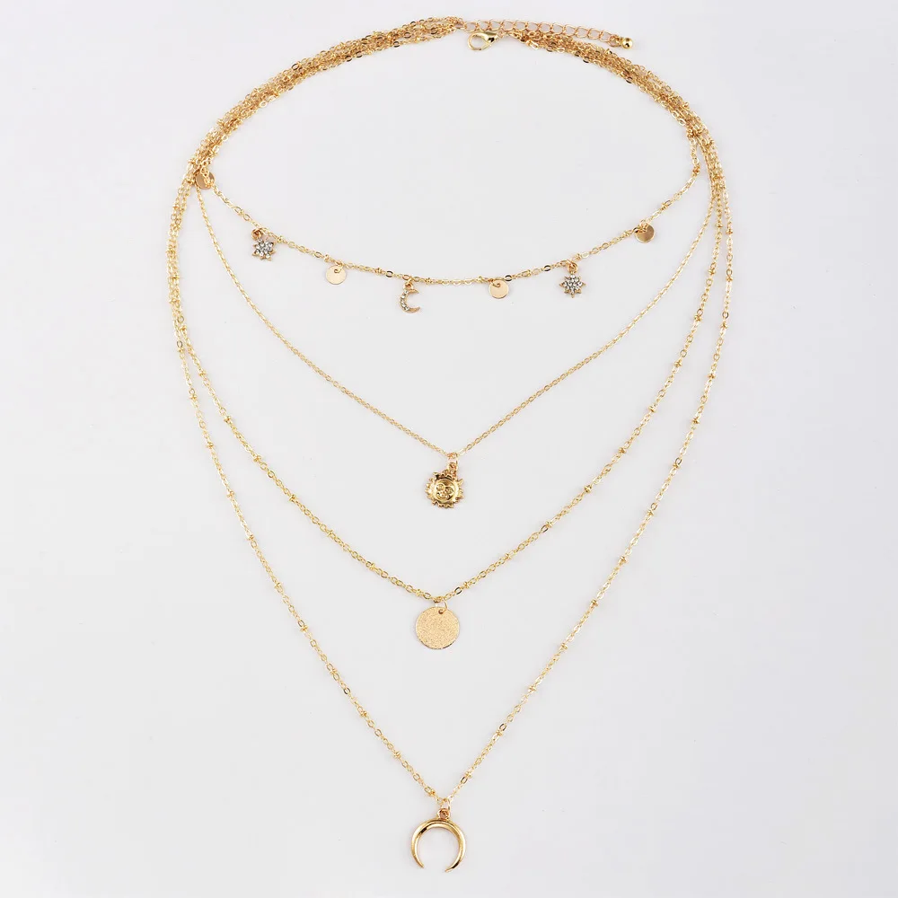 Новое популярное модное ожерелье Луна солнце звезда многослойное круглое ожерелье для женщин горячие ювелирные изделия оптом
