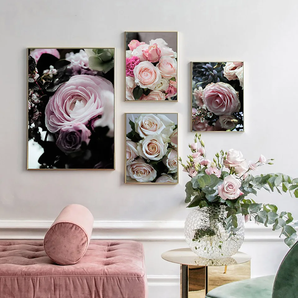 Rosa-flor-bot-nico-cartel-escandinavo-arte-de-la-lona-de-impresi-n-decorativa-pintura-de