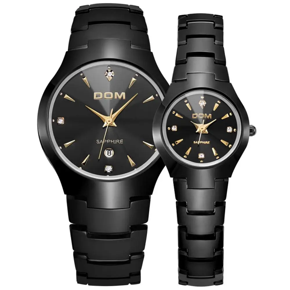 DOM Lover's часы из вольфрамовой стали для пары, роскошные модные деловые Кварцевые водонепроницаемые часы из стали для мужчин и женщин, W-698+ W-398 - Цвет: 698BK 1M x 398BK 1M