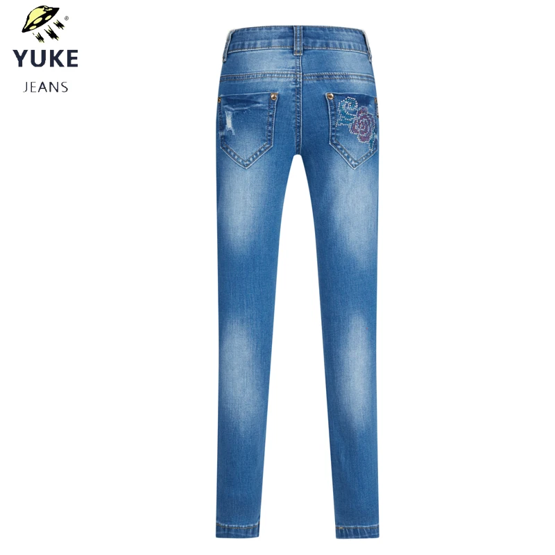 YUKE Новая девушка отверстие джинсы для женщин детская досуг свободные удобные эластичность дети вышитые От 5 до 9 лет I33508 - Цвет: Синий