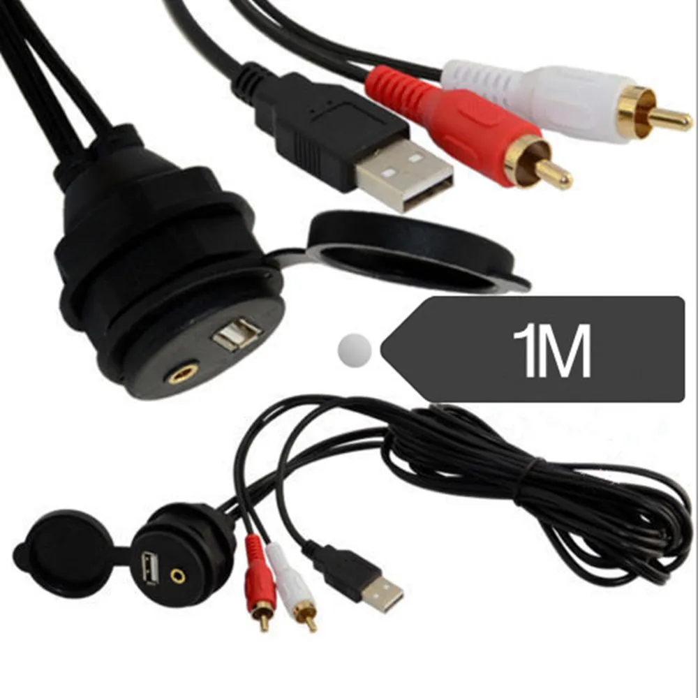 

Car Dashboard Flush Mount USB 3.5mm AUX 2RCA Socket Extension Lead Panel Cable Waterproof Cord Wire Auto Moto Boat Accessory 1m