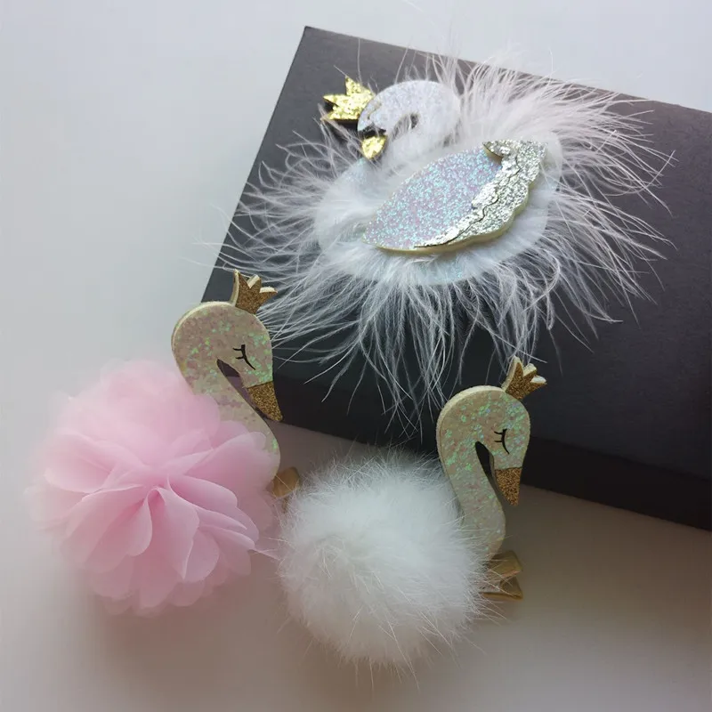

1pc Glitter Pink Swan Kid Hair Clip with Chiffon Flower White Sparkly Cartoon Animal Swan Graceful Feather Gold Crown Barrette