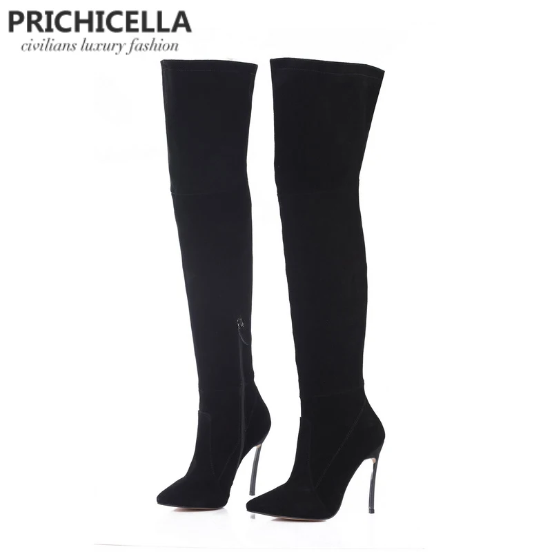 PRICHICELLA 8 см 10 см серый натуральная кожа сапоги выше колена высокие ботинки size34-42