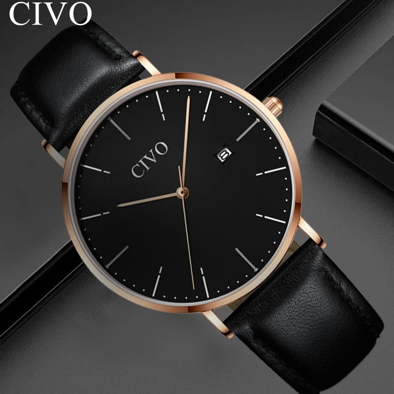 

CIVO Modern Fashion Men Watch Black Quartz Clock Mens Ultra-Thin Waterproof Leather Watch Horloges Mannen Analogue Clock