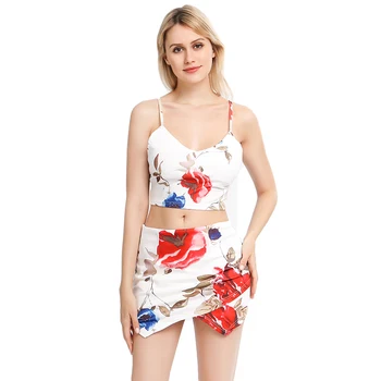 

Fashion Women Floral printed 2 Piece Set Bodycon Skirt Crop Top off shoulder Tank Summer two piece set Bohemia style Mini Skirt