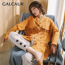 GALCAUR Vintage Ruched Blazer For Women Lapel Collar Long Sleeve Large Size Coat Female Fashion Clothing Summer New