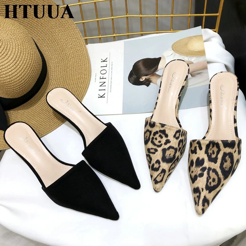 

HTUUA 2019 New Summer Shoes Women Thin Heel Slippers Leopard Pointed Toe Slip On Mules Shoes Woman Slides Ladies Sandals SX2595
