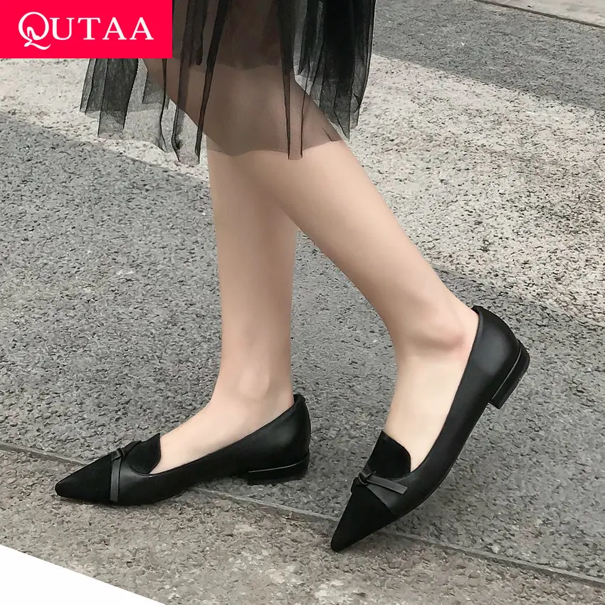 

QUTAA 2019 Women Pumps Low Heel Cow Leather+Kid Suede Pointed Toe Butterfly-Knot Spring Fashion Shallow Single Shoes Size 34-41